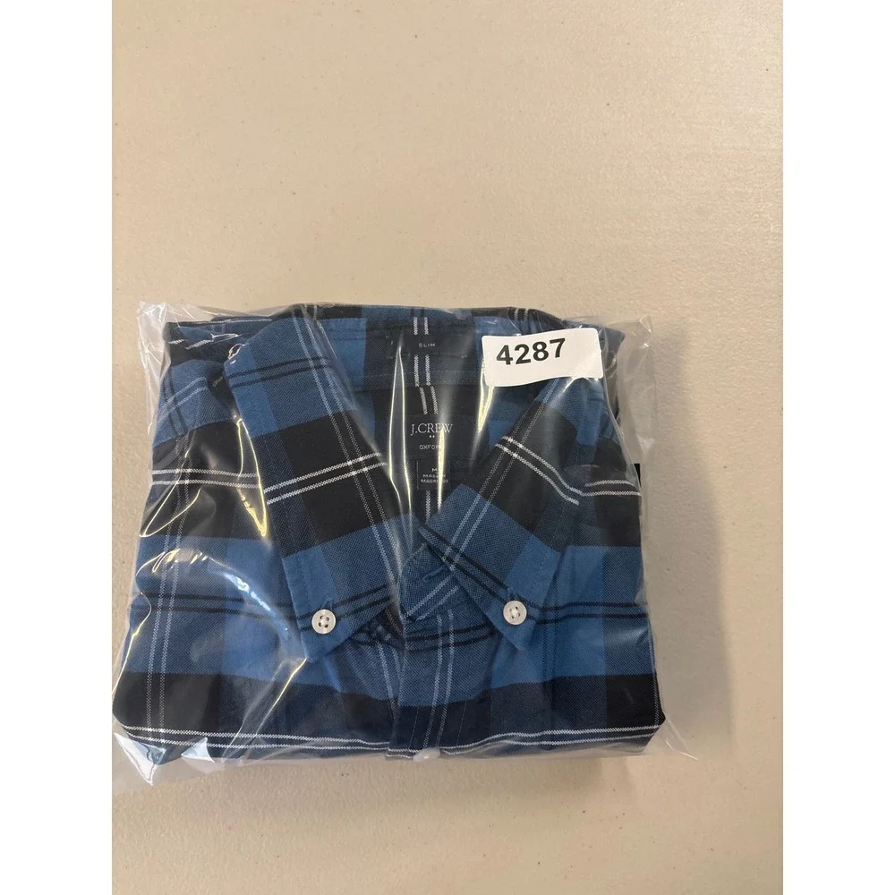 J.Crew Men's Medium Blue Plaid Cotton Button Down‎ Oxford Long Sleeve Shirt